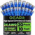 GearIT Cat 6 Ethernet Cable Pack - 20-Pack 10 ft Cat6 Ethernet Patch Cables | RJ45 Network Patch Cable, 10 Gbps Snagless Gold-Plated Connectors - Ethernet Cable Cat 6 for PC, TV, Router - Blue