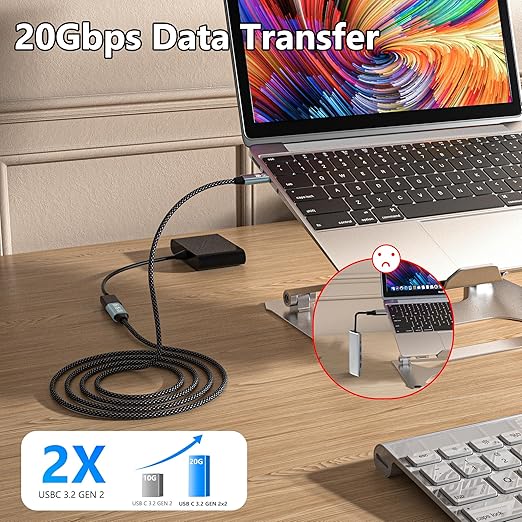 USB C Extension Cable 6.6FT, 20Gbps/240W USB3.2 Type C Extender Cord, 4K@60Hz Video Output Nylon Braided USB C Male to Female Extension Charging Cable Compatibility with Thunderbolt 4/3