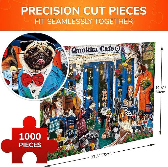 QUOKKA 1000 Piece Puzzles for Adults and Up - Jigsaw Puzzles for Men and Women - Funny Animals in Cafe for Kids Ages 8-12 and Up - Colourful Game Toy for Family