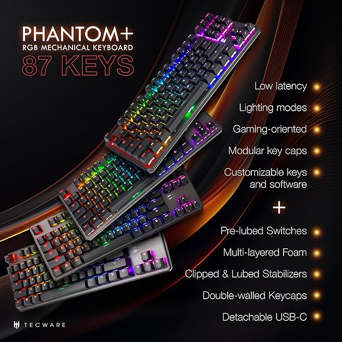 TECWARE Phantom+ 87 Key Mechanical Gaming Keyboard, RGB led, TKL 75% Keyboard, Thocky Sounding, Wraith Brown Switch