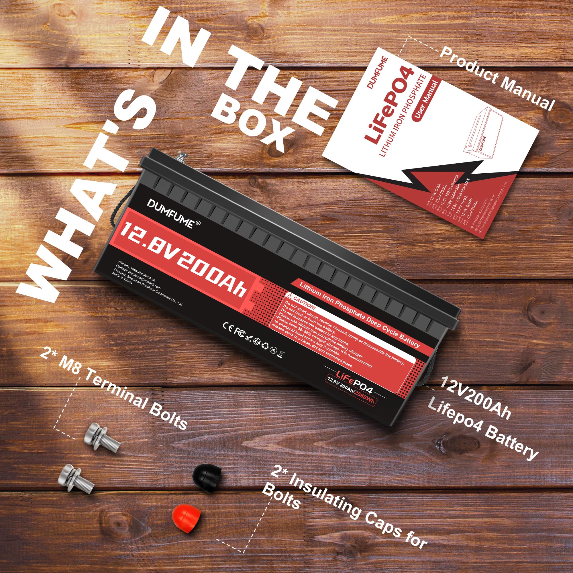 Dumfume 12V 200Ah LiFePO4 Battery 200A BMS IP65 Low Temp Cutoff