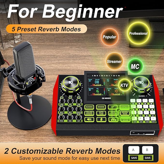 Podcast equipment bundle with live sound card audio mixer, podcast equipment with 3.5mm microphone, soundboard for phone, computer, live streaming, singing, recording, and content creation.