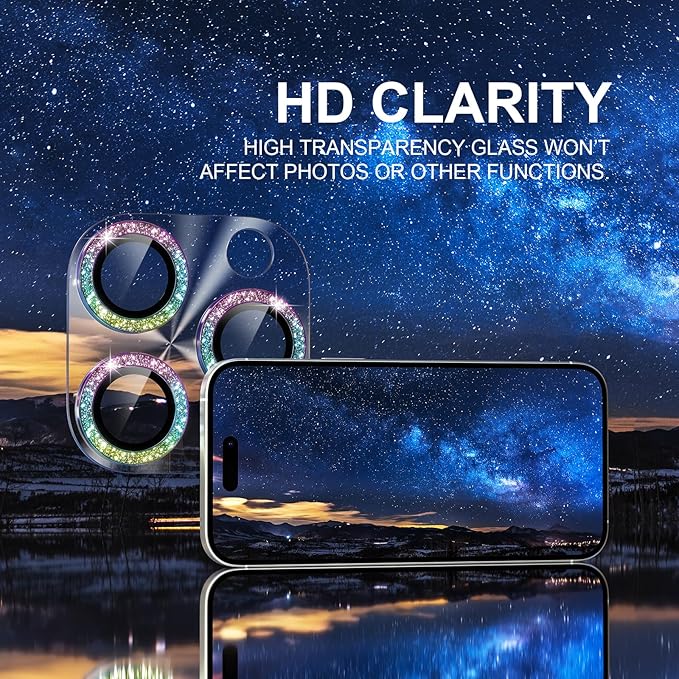 Choiche Compatible for iPhone 16 Pro/iPhone 16 Pro Max Camera Lens Protector, Bling Camera Cover with 9H Tempered Glass Lens Screen Protector Metal Ring Decoration Accessories (Clear-Colorful)