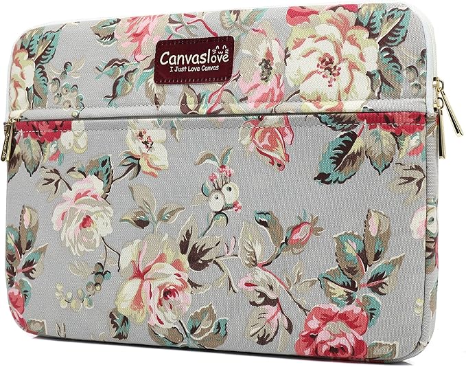 Canvaslove Rose Pattern Canvas Laptop Sleeve Case Bag with Pocket for MacBook Pro 14 inch and 14 inch Laptop