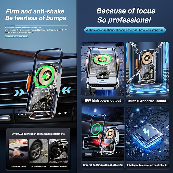 Wireless Car Charger Holder, 15W Fast Charging Car Phone Holder Charger Auto-Clamping 360° Rotation Adjustable Air Vent Phone Mount Car Charger with Luminous Logo for iPhone 16 15 14 13 S24 S23 S22
