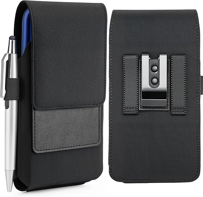 Mopaclle Rugged Nylon Cell Phone Holster with Belt Clip and Loop, Compatible with iPhone 17 Pro, iPhone 16 Pro, 16, 15 Pro, Galaxy S25, S24, S23 – Fits with Case On, Belt Holder for Men and Seniors