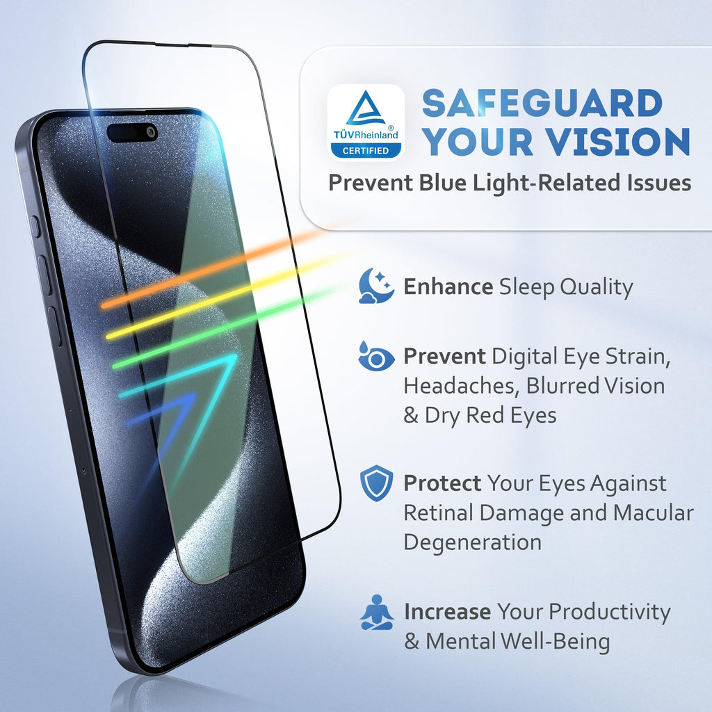 Deppa |2 Pack| Anti-Blue Light Screen Protector for iPhone 15 Pro Max (6.7") | Scratch Resistant Tempered Glass | 3D Edge to Edge Coverage | Easy Installation Kit | Eye Safeguard TÜV Certified