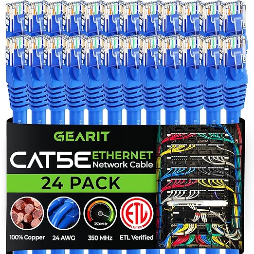 GearIT 24-Pack, Cat5e Ethernet Patch Cable 0.5 Feet - Snagless RJ45 Computer LAN Network Cord, Blue - Compatible with 24 48 Port Switch POE Rackmount 24port Gigabit