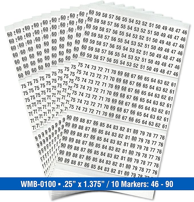 Premium Wire Marker Book for Cable Management, Vinyl-Coated, High-Tack Adhesive, Electric Panel Wire Label Stickers - 10 Pages, 1 Book, Numbered 46-90 (Pack of 25)