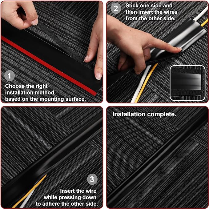 16.4ft Cord Cover Floor, Soft PVC Cord Covers for Wires on Floor, Self-Adhesive Floor Cable Cover Cord Hider, Floor Cable Management Cable Protector for Commercial Office Carpet/Floors/Wall Black
