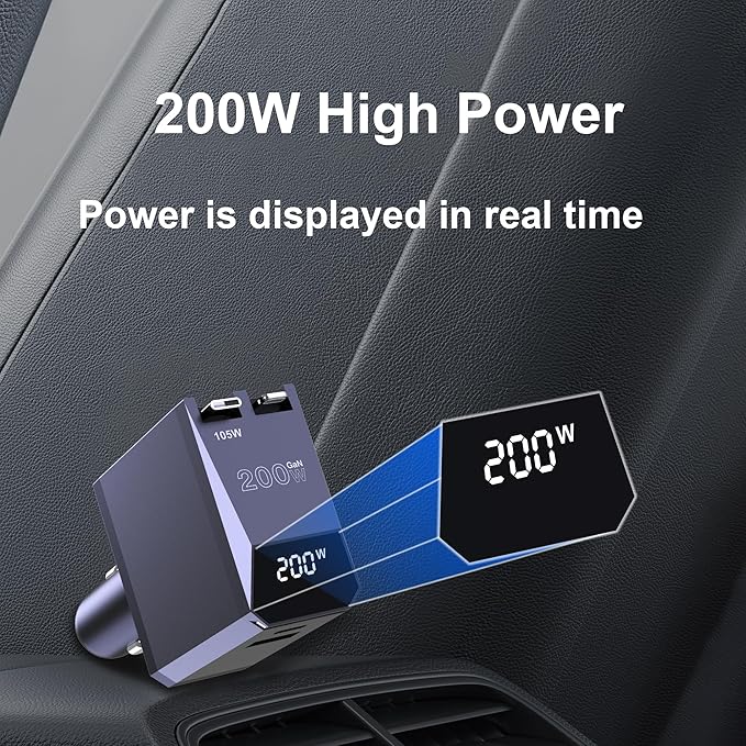 Aftertop 200W Retractable Car Charger, 3-in-1 Independent Fast Charging, 2.3ft 105W Retractable Cable, Power Display USB C Car Charger for MacBook Pro, iPhone 16 15, Galaxy S25 S24 Ultra etc