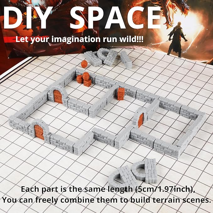 Dungeon Walls 40pcs 28mm Miniature RPG Modular System DND Terrain Building Accessories for Tabletop Role Playing Scenes, Gift of Christmas Halloween for DM