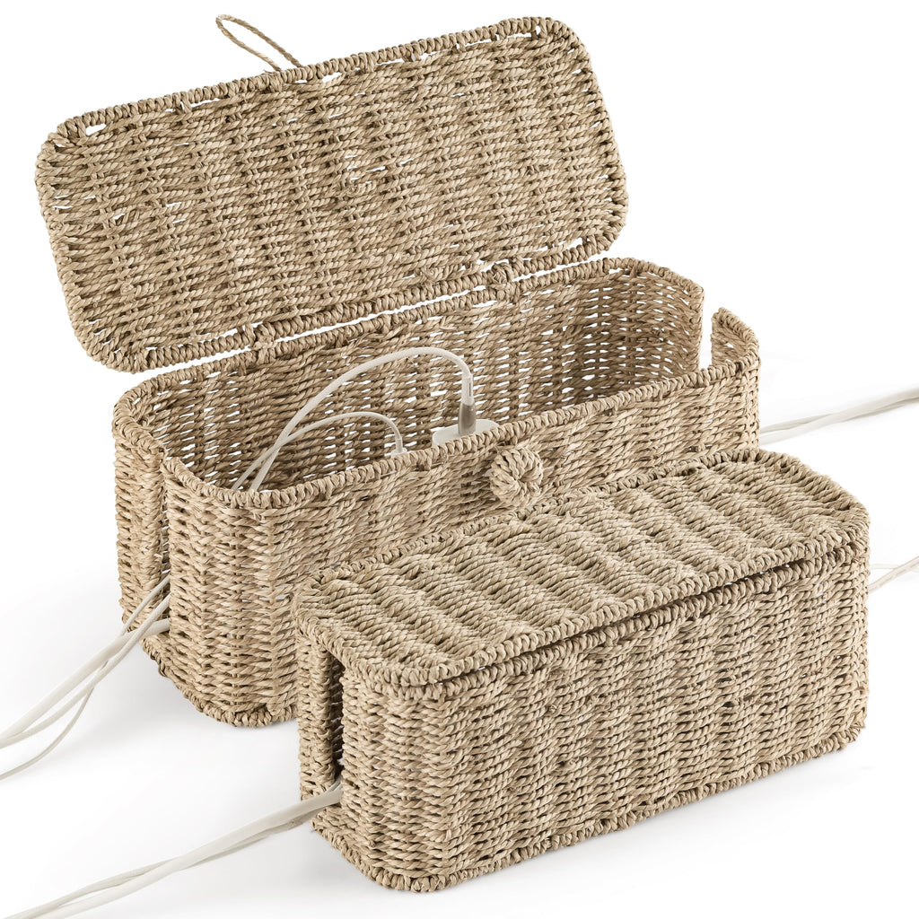 2-Pack Large Cable Management Box, Natural Rattan Cable Cord Organizer Boxes for Power Strip – 2 Open Slots Cords Hider Box for TV Wires, Computer, Router, USB Hub and Under Desk Power Strip