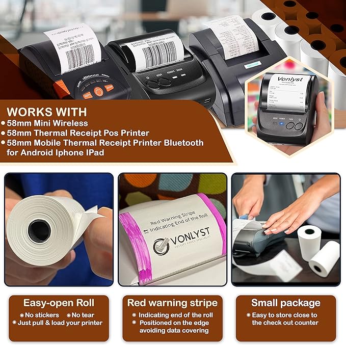 Receipt Paper Roll for 58mm Mobile Portable Thermal Printer (Pack 50 rolls)