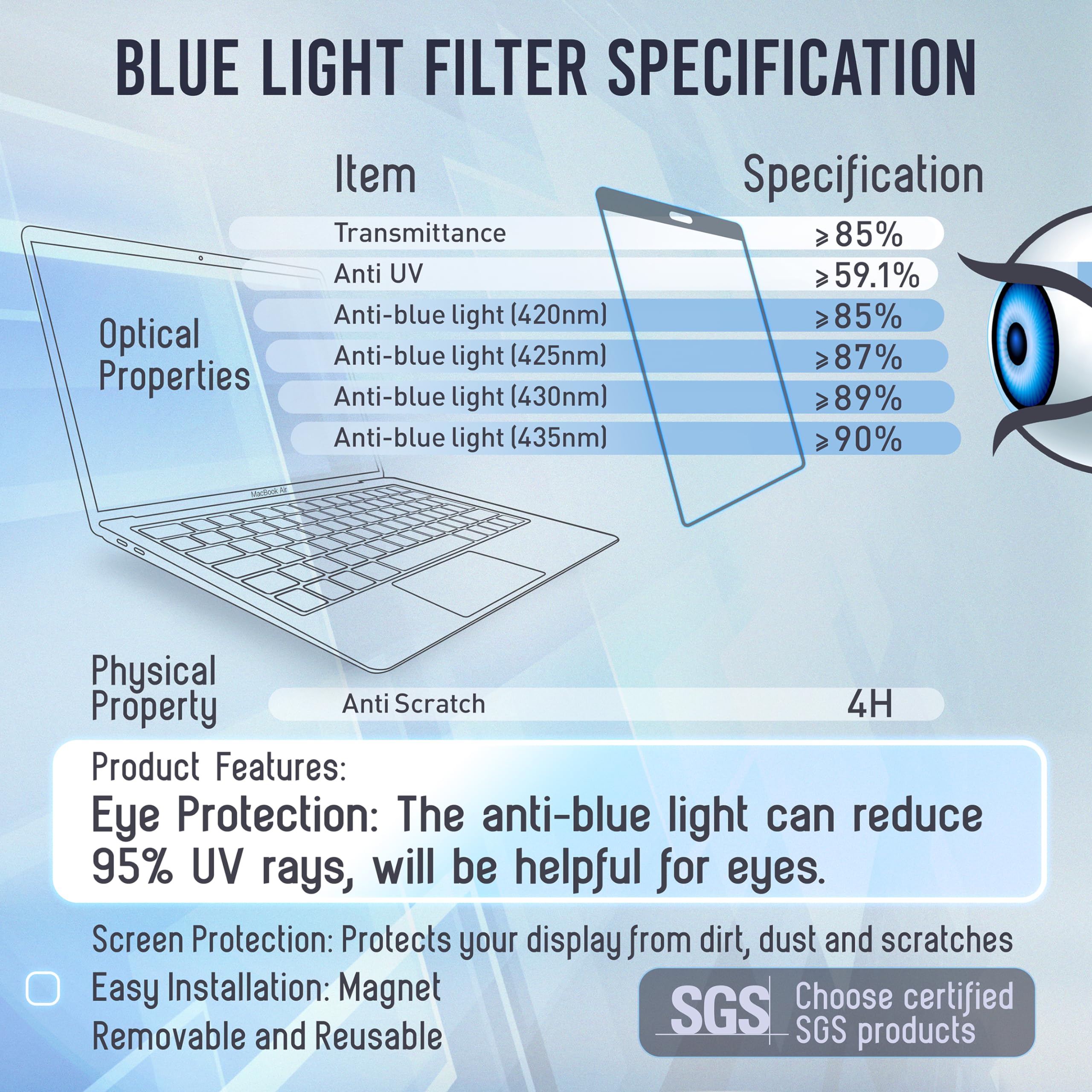 VINTEZ Magnetic Blue Light Screen Protector Compatible With MacBook Pro 13" 2016, 2017, 2018, 2019, 2020, 2021, 2022, 2023, M1, M2 Anti Blue Light Blocking Filter for Laptop