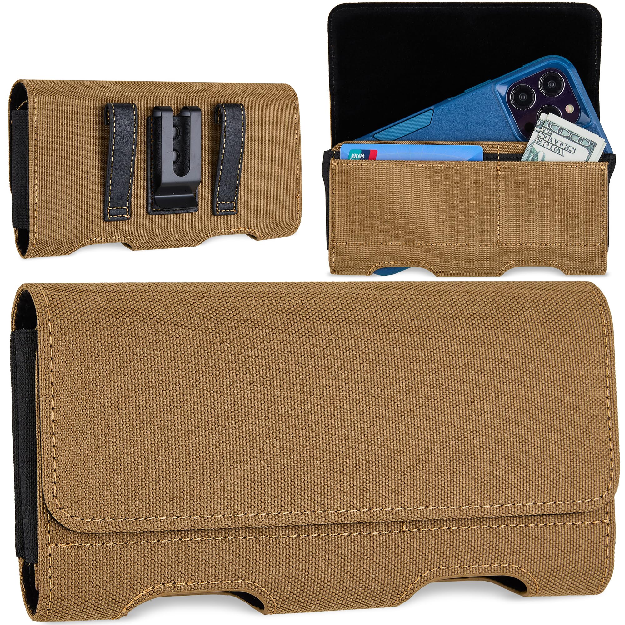 Mopaclle Nylon Phone Holster with Heavy Duty Metal Belt Clip and Card Holder, Compatible with iPhone 13/12 Mini, iPhone SE, iPhone 8/7/6S/6, and Galaxy S7/S6/S5 - Khaki