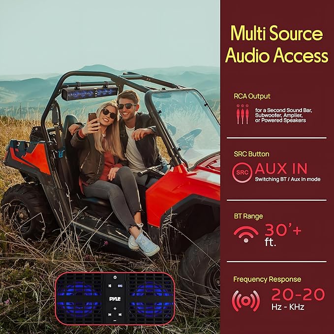 Pyle 32" Powered ATV/UTV Soundbar System, 200W Bluetooth Speakers with Built-in Amplifier, Waterproof and Weatherproof, Wireless BT Streaming and Auxiliary Input, LED Lights