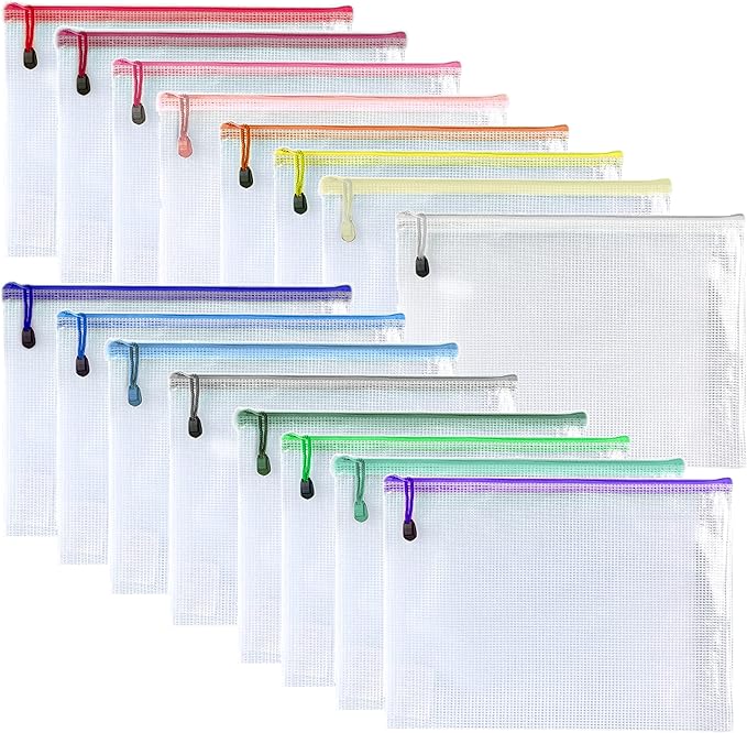 Oaimyy-16 PCS-6" x 8" Inch -Mesh Zipper Pouch, Plastic Zip File Folders Puzzle Bags for Organizing,Office Supplies,Travel,Home Storage-Multicolor