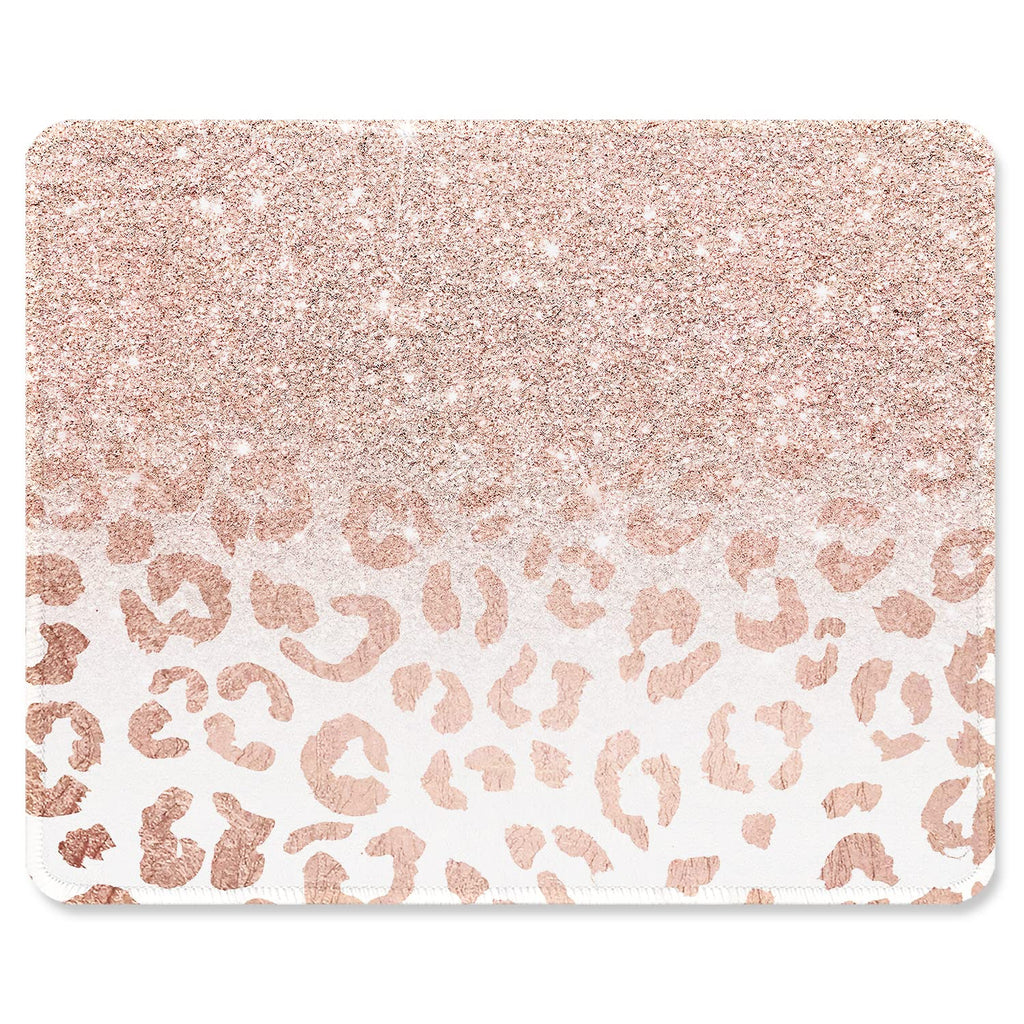 ITNRSIIET Mouse Pad with Stitched Edge Premium Textured Smooth Precise Operation Waterproof Washable Non-Slip Rubber Base Desktop Protection Mat, 10.2×8.3×0.12 inches, Rose Gold Leopard Print