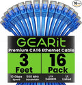 GearIT Cat 6 Ethernet Cable (16-Pack 3 Feet) Cat6 Network Patch, 10Gbps, RJ45, Snagless Cord, Gold-Plated Connectors, Internet for PC, TV, Tablet, Router, Printer, Servers, IT Data Center - Blue