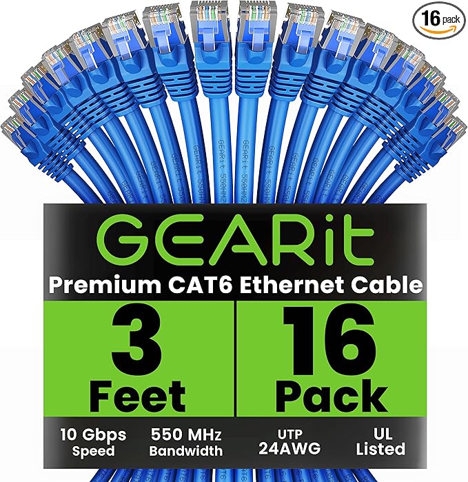 GearIT Cat 6 Ethernet Cable (16-Pack 3 Feet) Cat6 Network Patch, 10Gbps, RJ45, Snagless Cord, Gold-Plated Connectors, Internet for PC, TV, Tablet, Router, Printer, Servers, IT Data Center - Blue