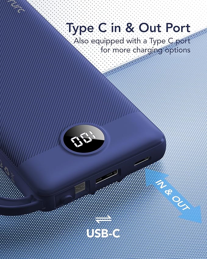 VRURC Portable Charger Power Bank, 10000mAh Travel Essentials, 5 Outputs 2 Inputs Slim Battery Pack Built-in Cables Cords Compatible with iPhone,Samsung,Android-Navy Blue(1 Pack)