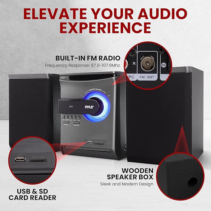 Pyle Home Stereo Shelf System - 30W Wireless BT Streaming with CD Player, FM Radio, USB & SD Card Playback, 2-Way Music Crisp-Sound, Remote Control, Dual Stereo Speakers (Black), PHSKR24