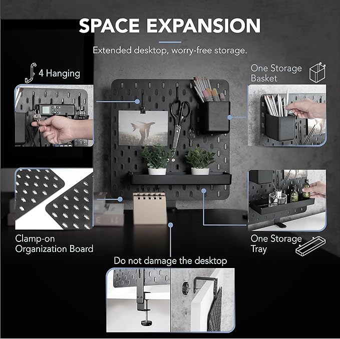 EHO Clamp-On Desk Pegboard, 13.5 x 14 inch Privacy Divider, Desk Partition Panel, No-Drill Desk Mounted Organizer, Combination Peg Board for Office, Gaming, Home, Plants, Black