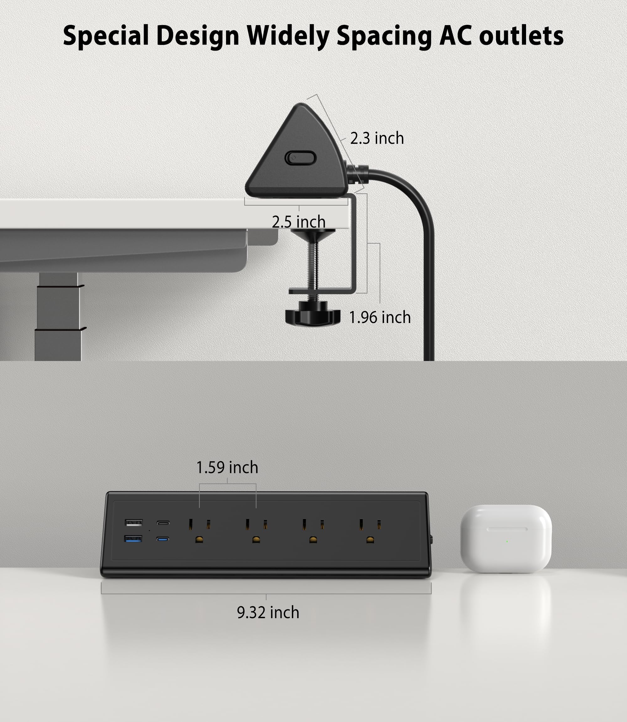 Jgstkcity Desk Clamp Power Strip,20W Fast Charging Station,Surge Protector Nightstand Edge Mount,1875W Extension Cord with Multiple Outlets,2 USB-C,2 USB-A,for Home Office (Black, 2PCS-6 FT)