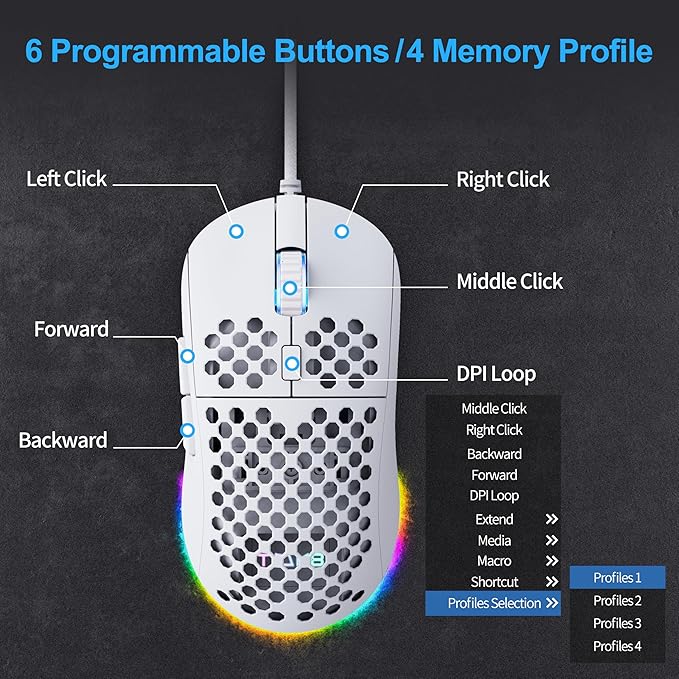 TMKB Falcon M1SE Ultralight Honeycomb Gaming Mouse, High-Precision 12800DPI Optical Sensor, 6 Programmable Buttons, Customizable RGB, Drag-Free Paracord, Ergonomic, Wired - Matte White