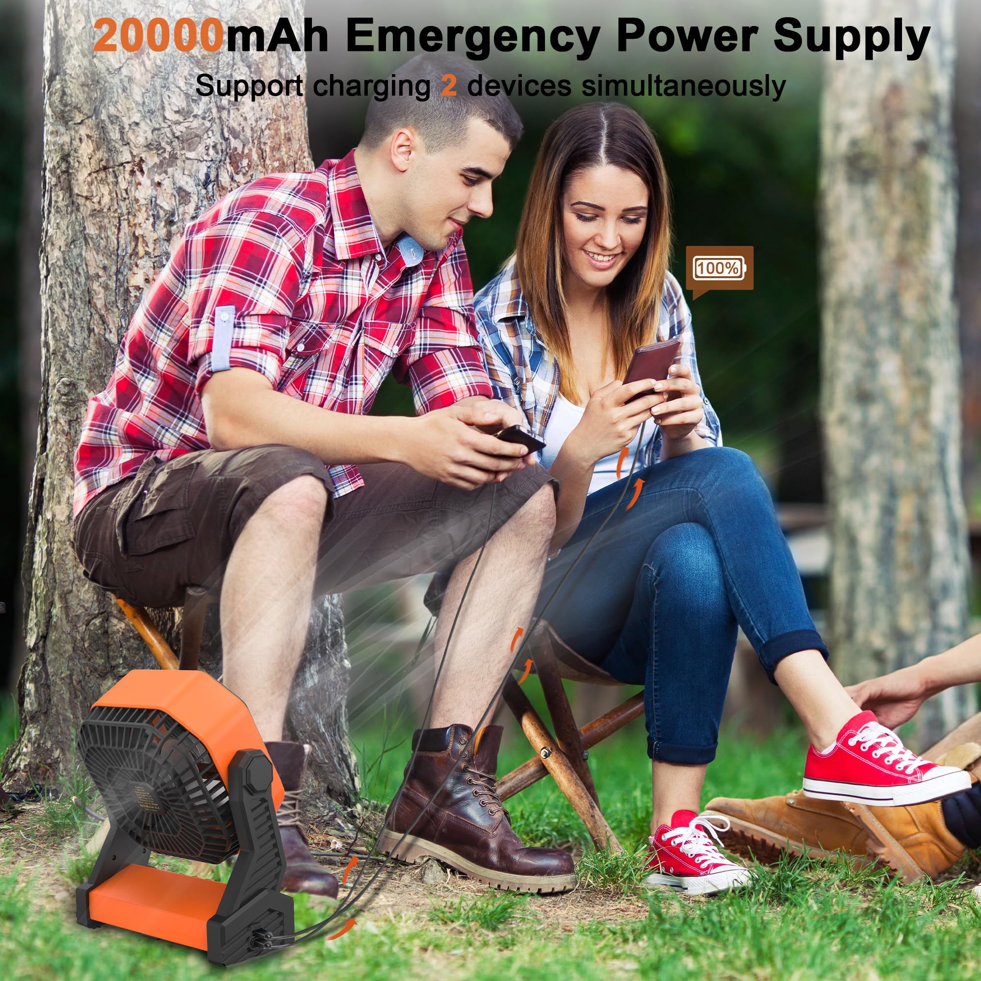 KITWLEMEN 20000mAh Battery Powered Camping Fan - 110H Max Cooling, Rechargeable Battery Operated Desk Fan with 4 Speeds, Soft Light & Hanging Hook, Portable for Tent Outdoor Hurricane Power Outage