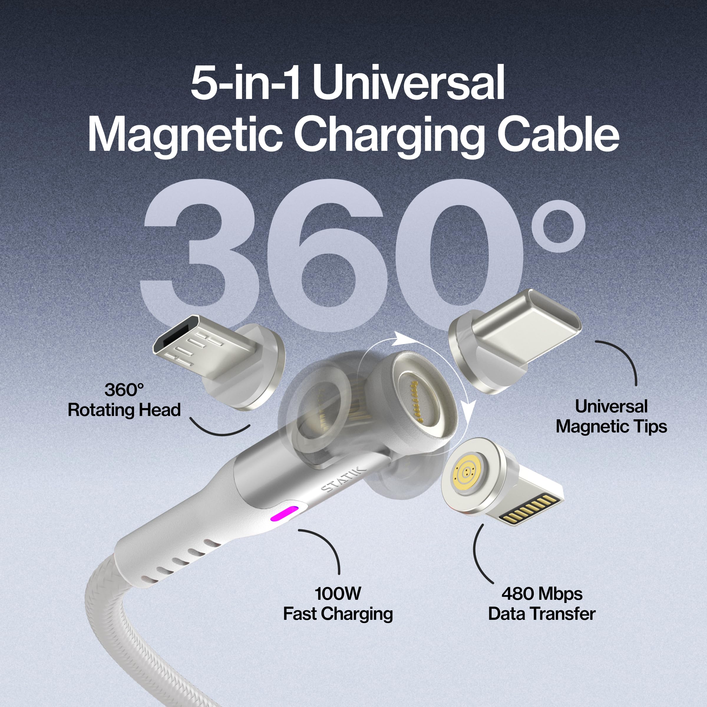 Statik 360 Pro Magnetic Charging Cable, USB-C Micro-USB Lightning Tips 100W