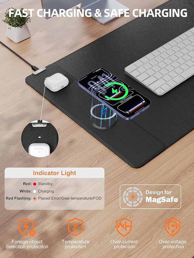 TopMade Mouse Pad with 15W Wireless Charging, XXL Large Leather Desk Mat, Waterproof Gaming Mousepad Home Office Desk Pad Protector, Computer Keyboard Pad, Mouse Mat for for MacBook, PC, Laptop, Black
