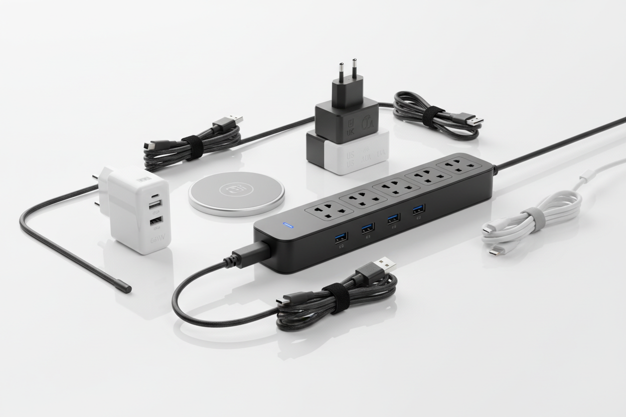 Power & Charging Solutions – chargers, power strips, adapters, and cables built for safety and efficiency (make it real photo)